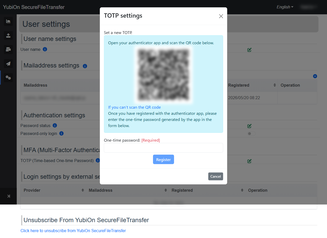 TOTP setup dialog